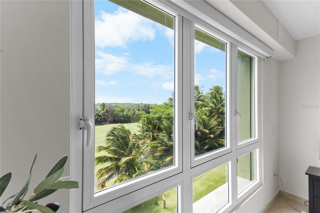 A white-framed window overlooks a grassy landscape with palm trees — 500 OCEAN DRIVE UNIT 535, HUMACAO, PR