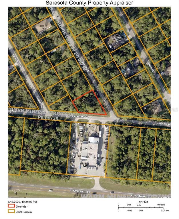 This is a property tax map showing a highlighted parcel of land near a commercial building — LOTS 15,16,17 TEGASTAS STREET, NORTH PORT, FL