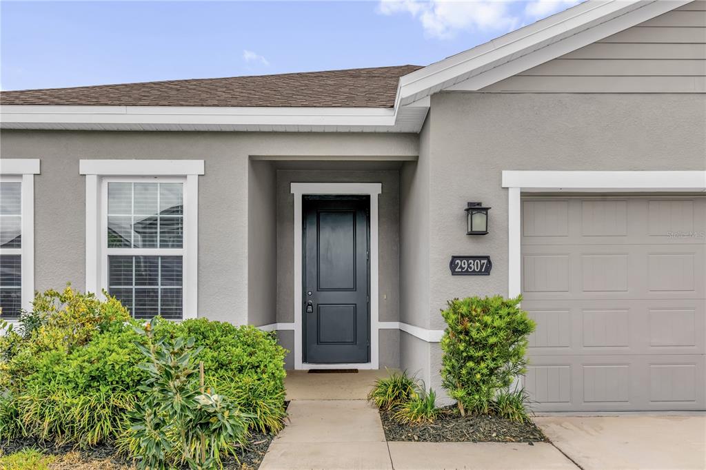 The exterior of a gray house features a dark front door and a garage — 29307 MEADOWCROFT AVENUE, WESLEY CHAPEL, FL
