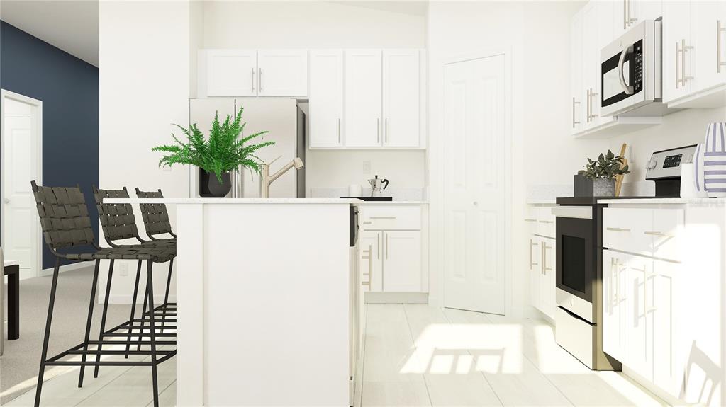 This is a rendering of a modern kitchen featuring white cabinetry, stainless appliances, and an island — 6030 BLUE PALOMA COURT, PALMETTO, FL