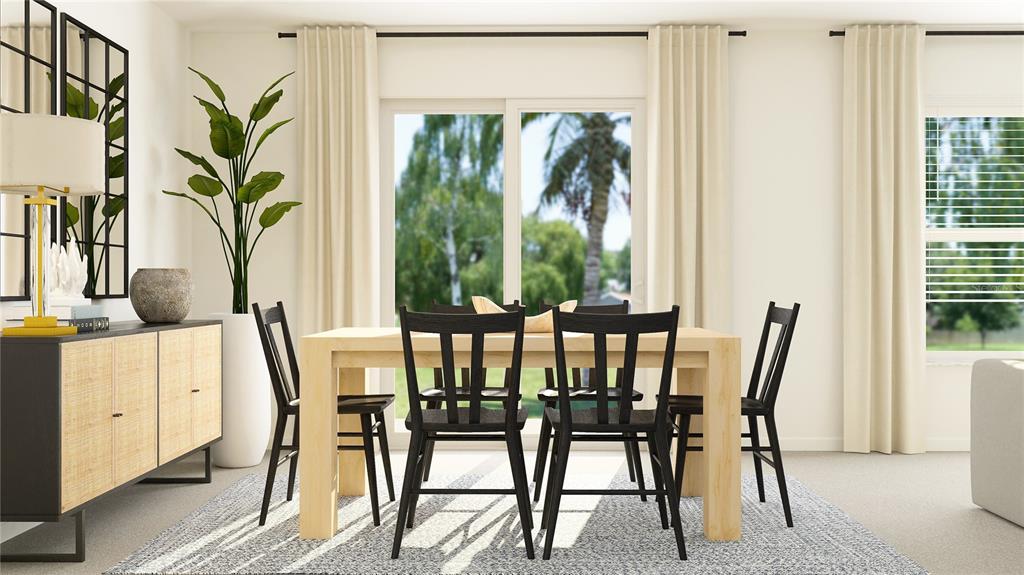 This rendering shows a dining room with a light wood table, black chairs, and curtains — 6030 BLUE PALOMA COURT, PALMETTO, FL