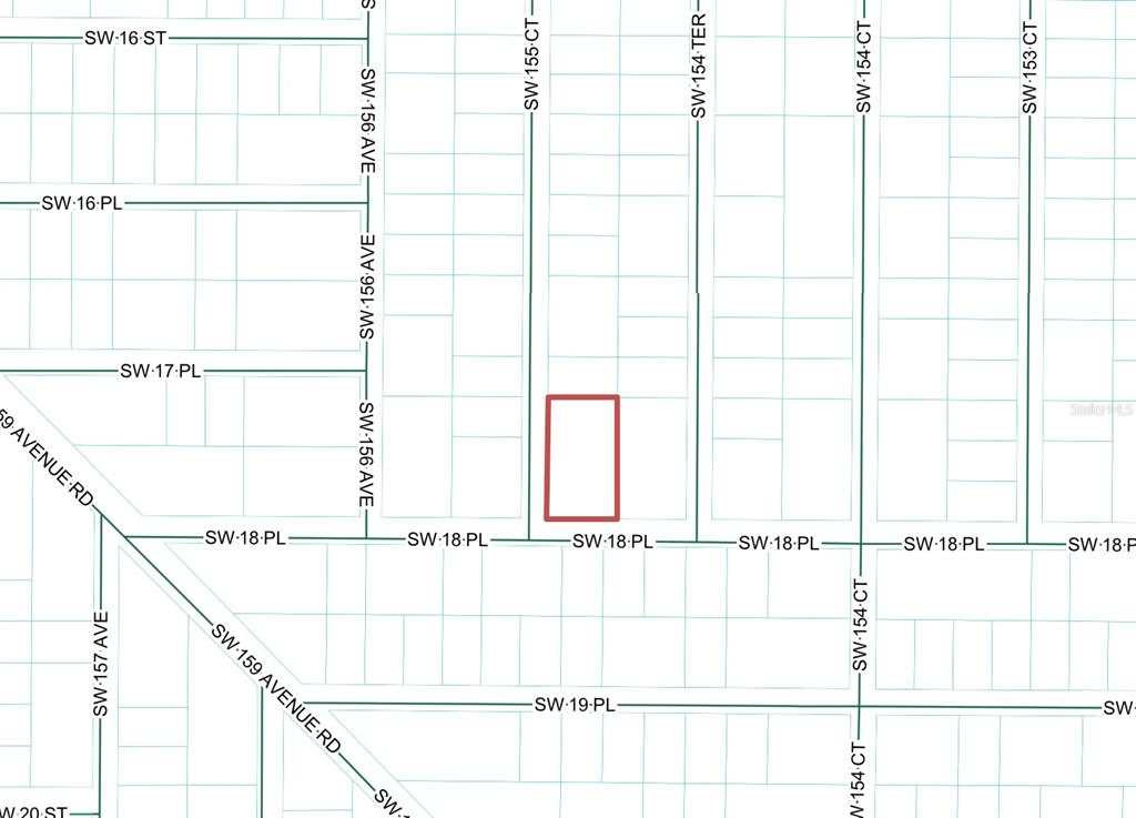 This is a map showing a highlighted rectangular property lot near SW 18th Place — TBD SW 155 COURT, OCALA, FL