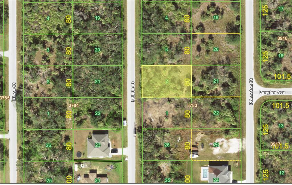 This is a satellite map showing residential land parcels and streets — 7168 FELICIA STREET, PORT CHARLOTTE, FL