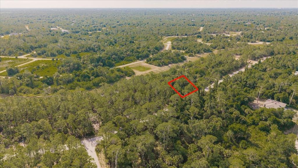 An aerial view shows a wooded lot outlined in red within a residential area — SERNICE STREET, NORTH PORT, FL