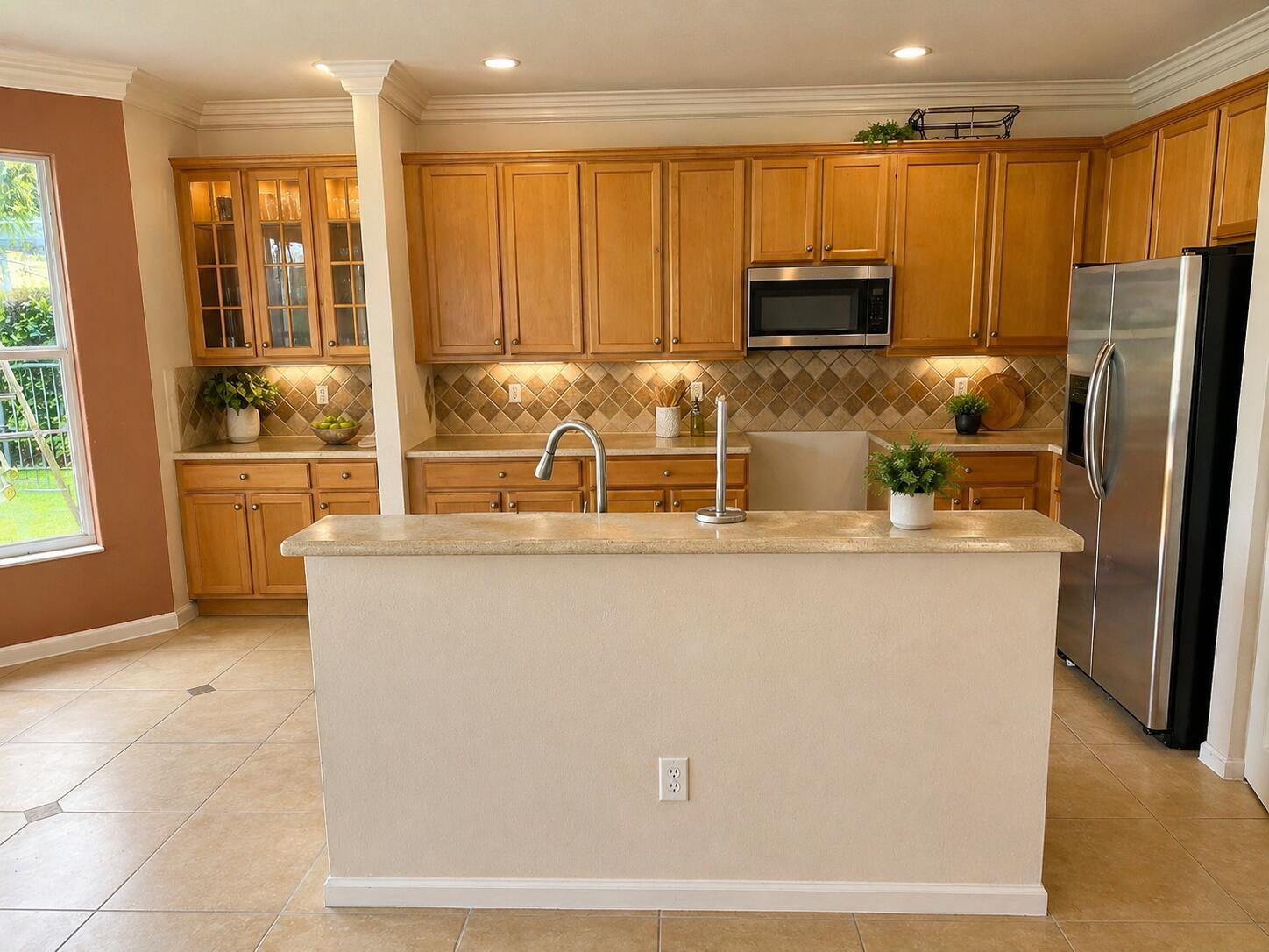 A kitchen with light wood cabinets, a central island, stainless steel appliances, and tile flooring — 5097 Bright Galaxy Lane, FL 33463, FL