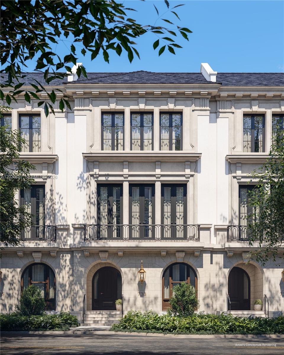 This is an artist's conceptual rendering of a multi-story townhouse with a stone facade — 717 Valencia Ave, Coral Gables FL 33134, CORAL GABLES, FL