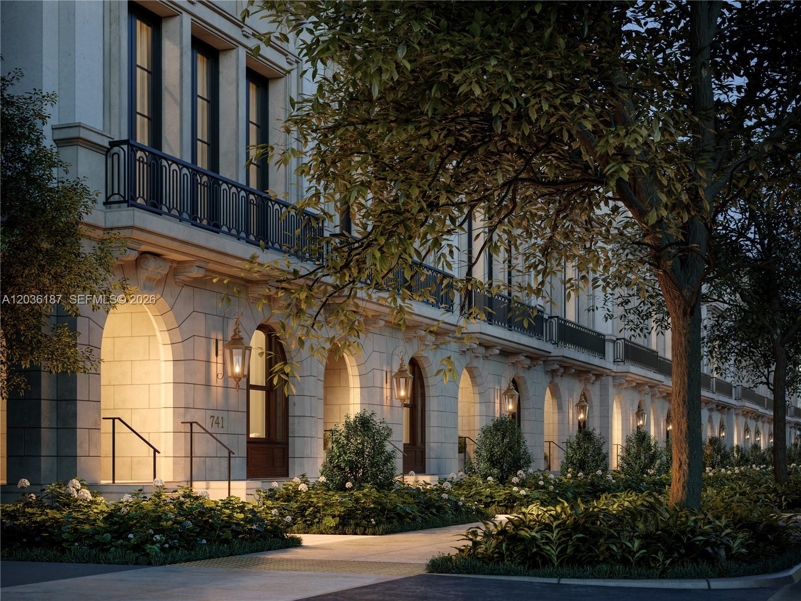 This is a rendering of a multi-story building exterior featuring arched entryways and wrought-iron balconies — 717 Valencia Ave, Coral Gables FL 33134, CORAL GABLES, FL