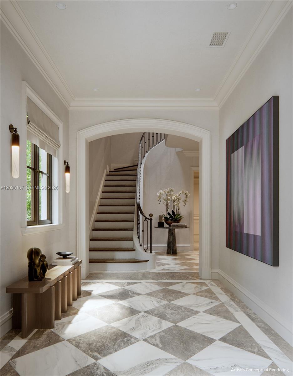 This rendering shows a foyer with a checkered marble floor, arched entryway, and curved staircase — 717 Valencia Ave, Coral Gables FL 33134, CORAL GABLES, FL