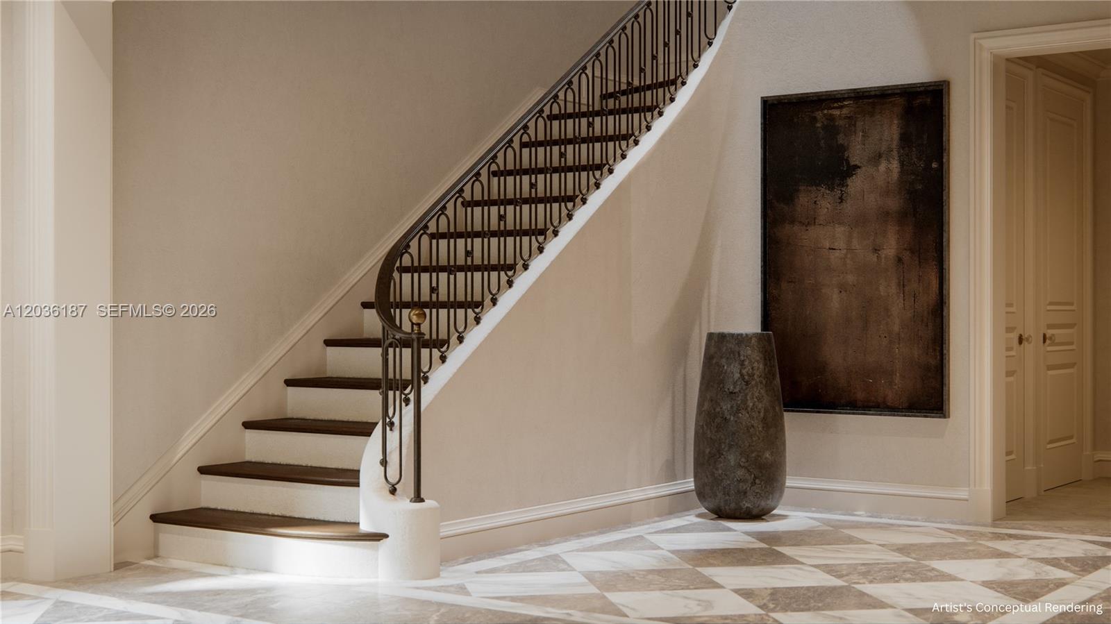 This artist's conceptual rendering shows a staircase with dark wood treads and a metal railing — 717 Valencia Ave, Coral Gables FL 33134, CORAL GABLES, FL