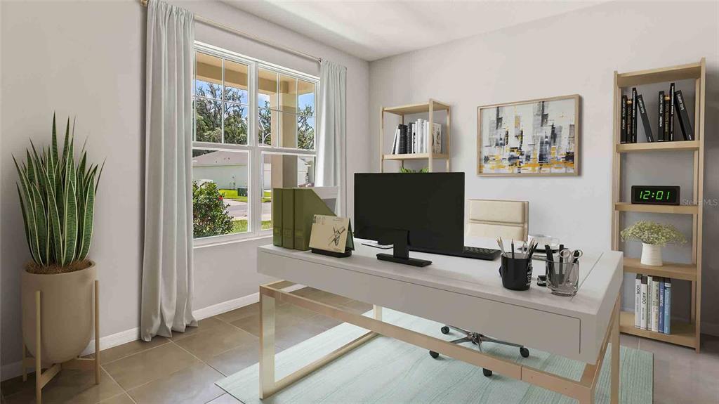 This is a digital rendering of a home office featuring a desk, shelving, and window — 3516 HAZY GLEN LANE, PLANT CITY, FL