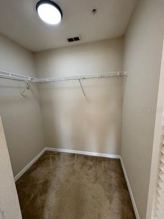 A walk-in closet with beige walls, brown carpeting, and white wire shelving — 5560 METROWEST BOULEVARD UNIT 3-207, ORLANDO, FL