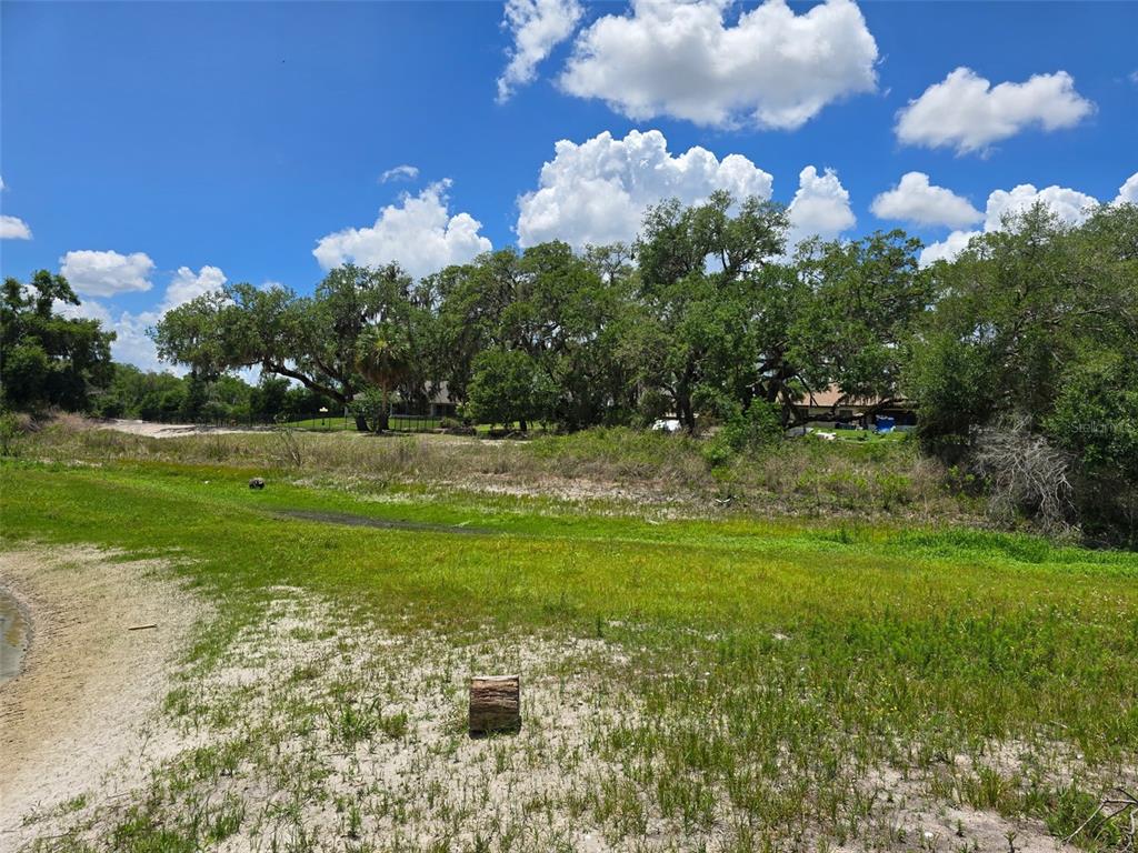 A grassy, sandy lot slopes toward a pond with mature trees in the background — 5066 WESTLAKE BOULEVARD, DADE CITY, FL