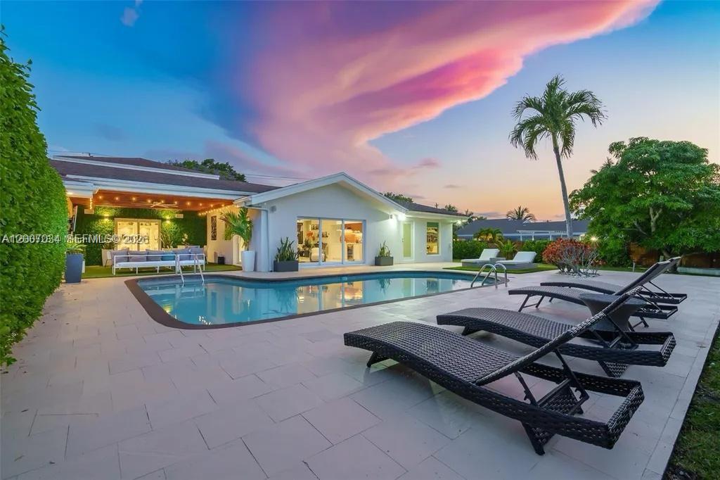 A backyard features a swimming pool, lounge chairs, and a covered patio at sunset — 13540 SW 98th Ct, Miami FL 33176, MIAMI, FL