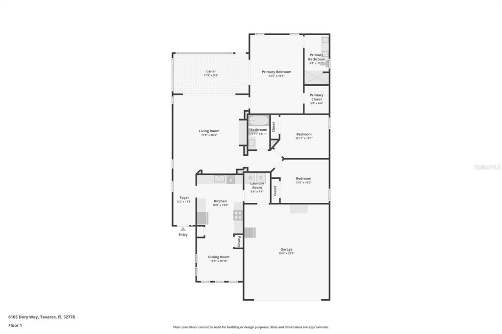 This is a floor plan showing the layout of a single-story residential home — 6105 DORY WAY, TAVARES, FL