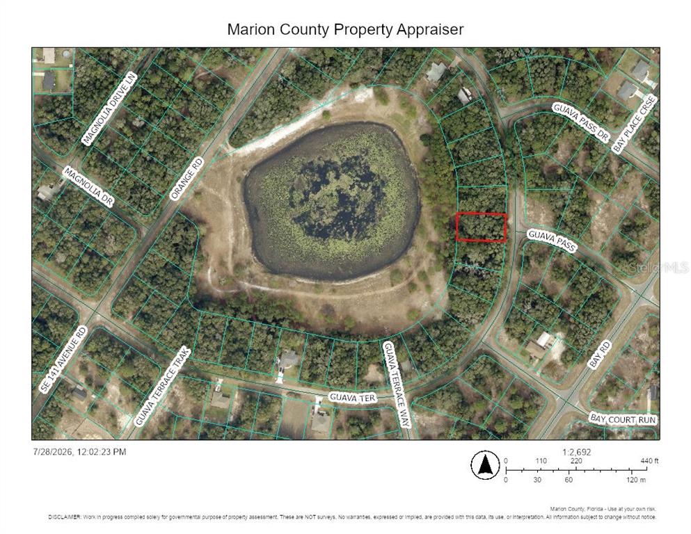 This is a property appraiser map showing a highlighted parcel of land near a lake — TBD GUAVA TERRACE, OCKLAWAHA, FL