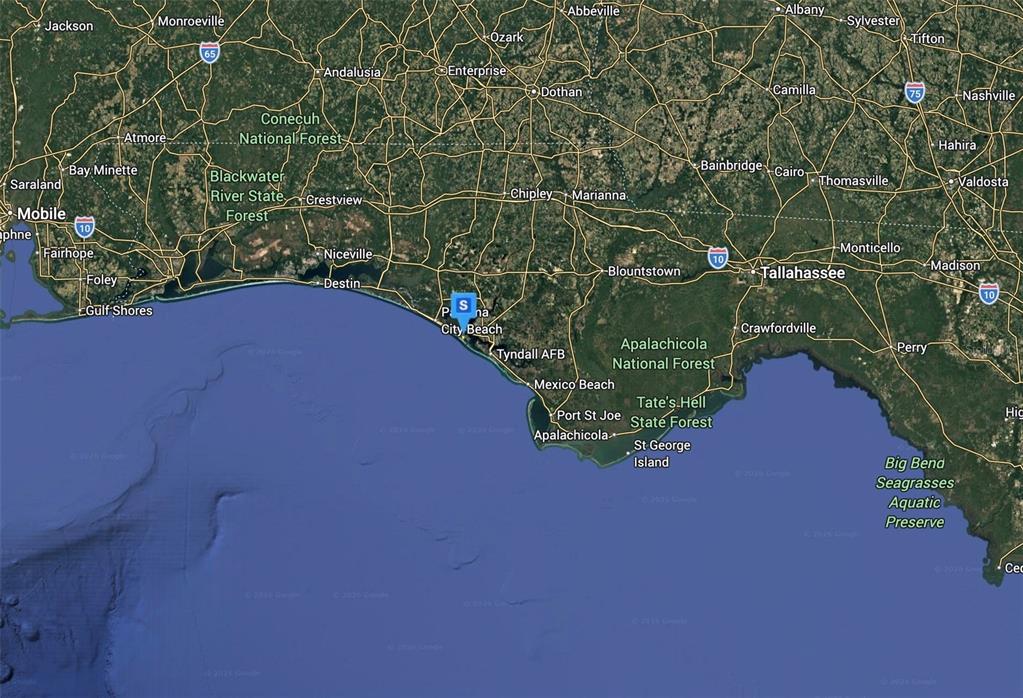 This is a satellite map showing the Florida Panhandle and surrounding coastal areas — 475 WAHOO ROAD, PANAMA CITY BEACH, FL