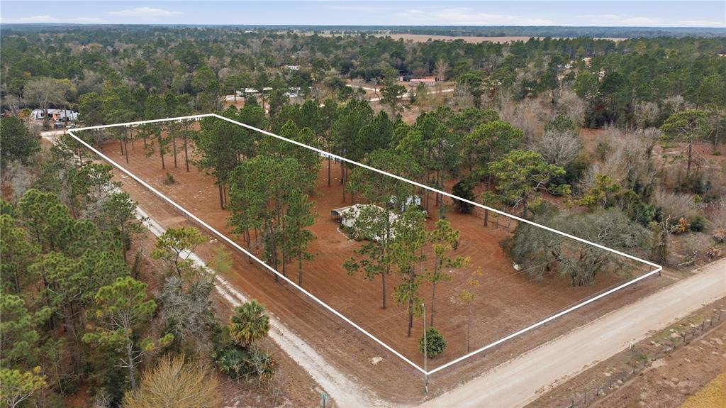 An aerial view shows a house situated on a large, wooded lot with a dirt road — 2090 SE 133RD COURT, MORRISTON, FL