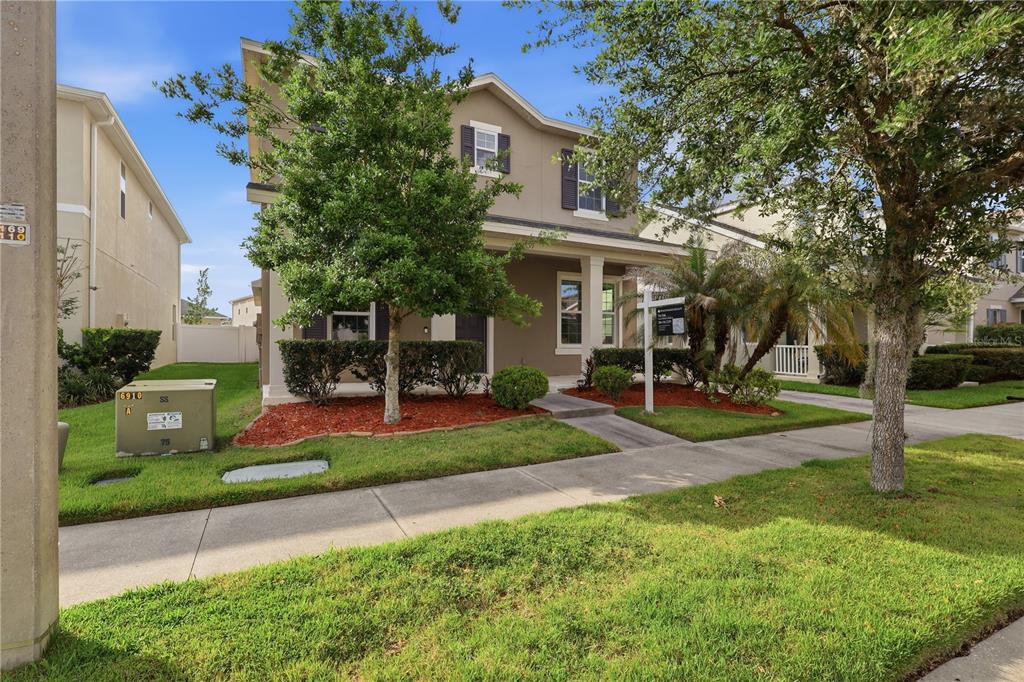A two-story house with a tan stucco exterior, a palm tree, and a concrete driveway — 32659 HARMONY OAKS DRIVE, WESLEY CHAPEL, FL