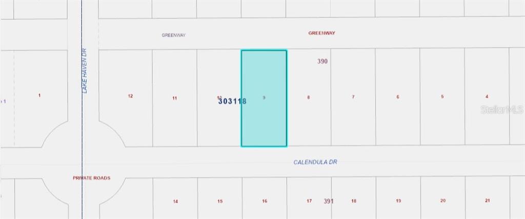 This map shows a highlighted rectangular land parcel located between Greenway and Calendula Drive — 518 CALENDULA DRIVE, INDIAN LAKE ESTATES, FL
