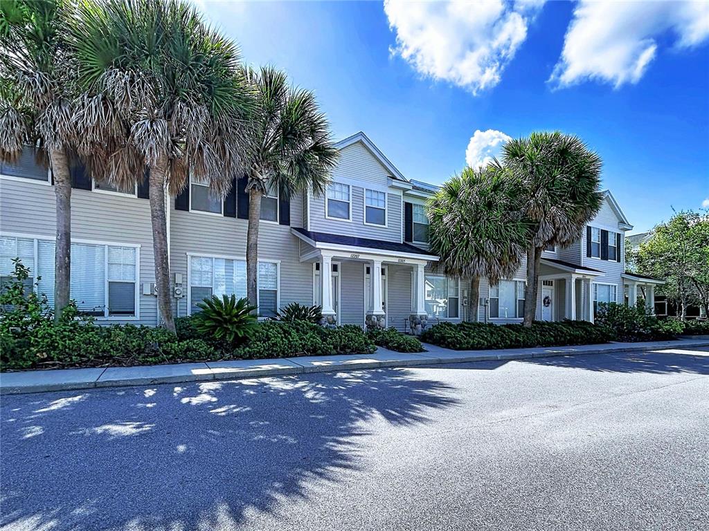 A multi-unit residential building with light gray siding and palm trees in front — 12207 COUNTRY WHITE CIRCLE, TAMPA, FL