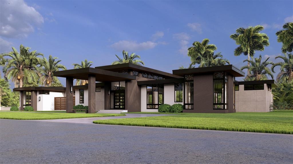 A digital rendering of a modern, single-story house with a flat roof and palm trees — 19214 RASHMIKA PLACE, ODESSA, FL