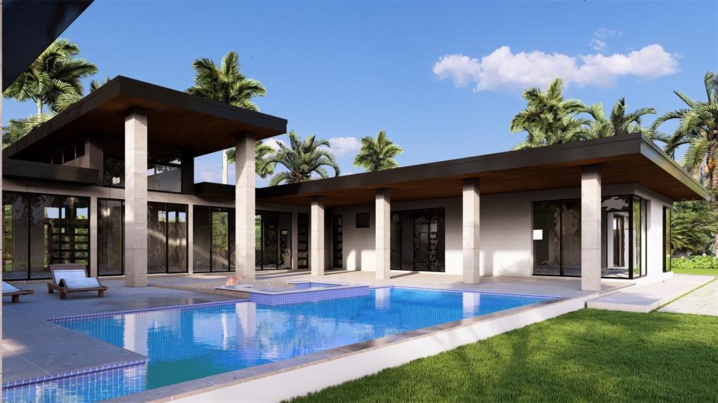 This architectural rendering shows a modern house with a flat roof, large windows, and a pool — 19214 RASHMIKA PLACE, ODESSA, FL