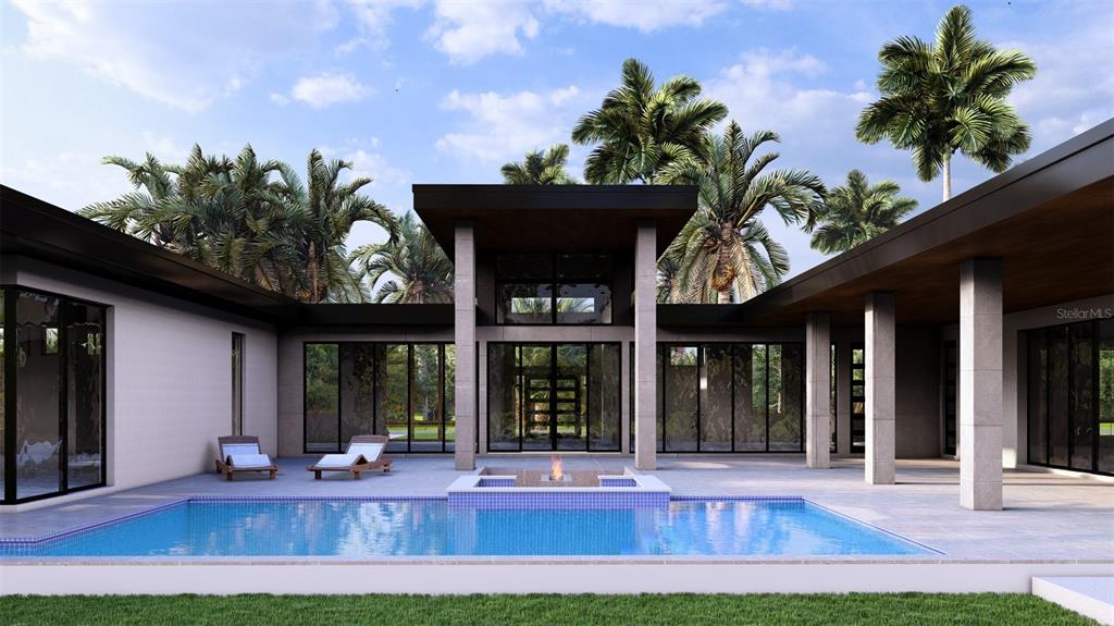 This is a rendering of a modern house exterior with a pool and fire pit — 19214 RASHMIKA PLACE, ODESSA, FL
