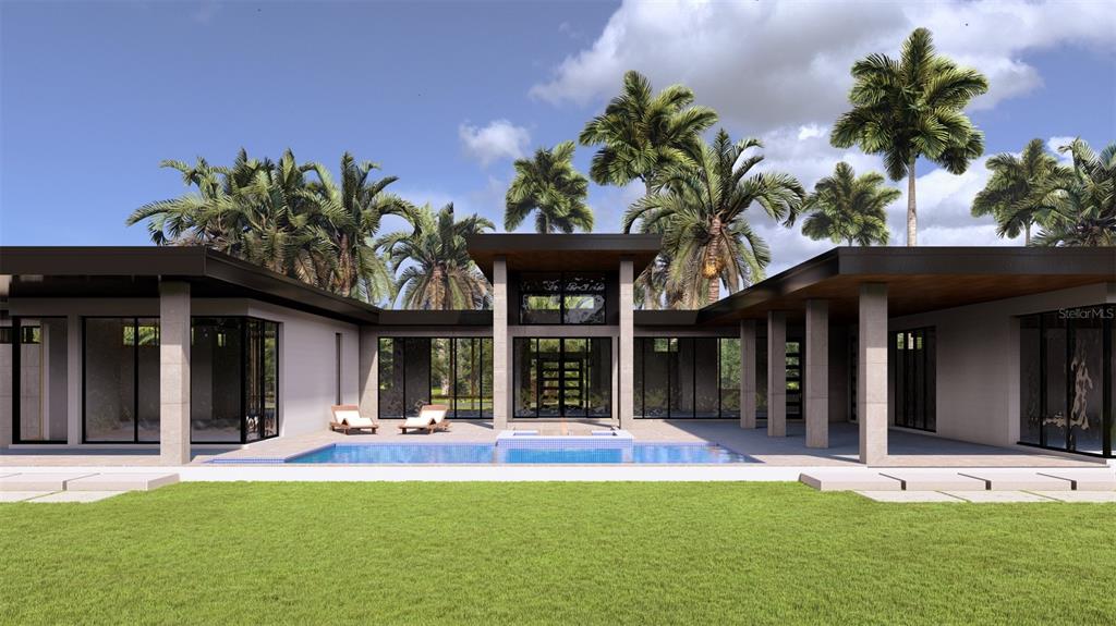 This is a rendering of a modern single-story home with a pool and palm trees — 19214 RASHMIKA PLACE, ODESSA, FL
