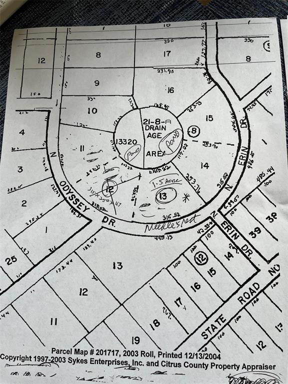This is a parcel map showing residential lots and a drainage area along Odyssey Drive — 8309 N ODYSSEY DR, CRYSTAL RIVER, FL