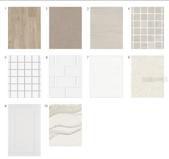 This image is a digital rendering showing ten samples of interior finishes, including flooring and tiles — 7636 MOONBEAM AVENUE, SARASOTA, FL