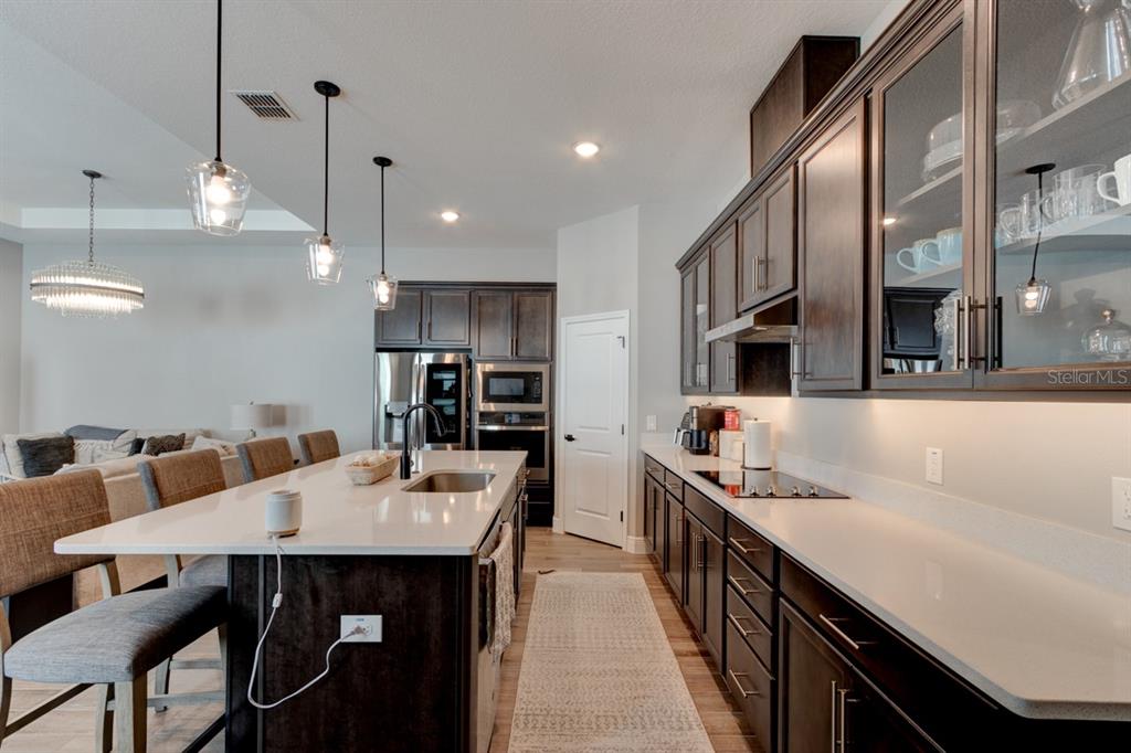 A modern kitchen features dark wood cabinetry, white countertops, a central island, and pendant lighting — 828 MIDDLETON STREET, DEBARY, FL