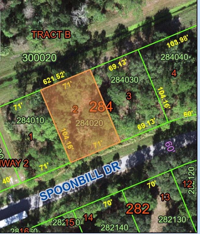This is a property map showing a highlighted rectangular lot labeled 2 on Spoonbill Drive — 274 SPOONBILL DRIVE, KISSIMMEE, FL