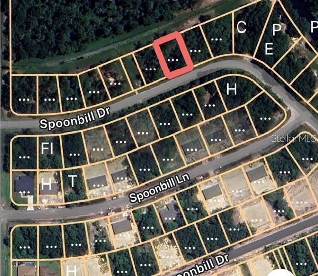 This is an aerial map showing a residential lot highlighted in red on Spoonbill Drive — 274 SPOONBILL DRIVE, KISSIMMEE, FL