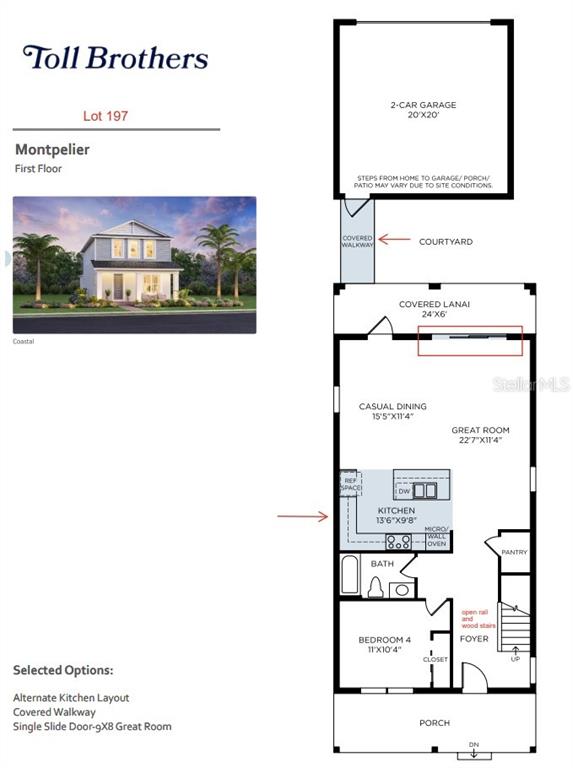 This is a floor plan for the first level of a Toll Brothers Montpelier home — 13020 SUNSET GARDEN LANE, WINTER GARDEN, FL