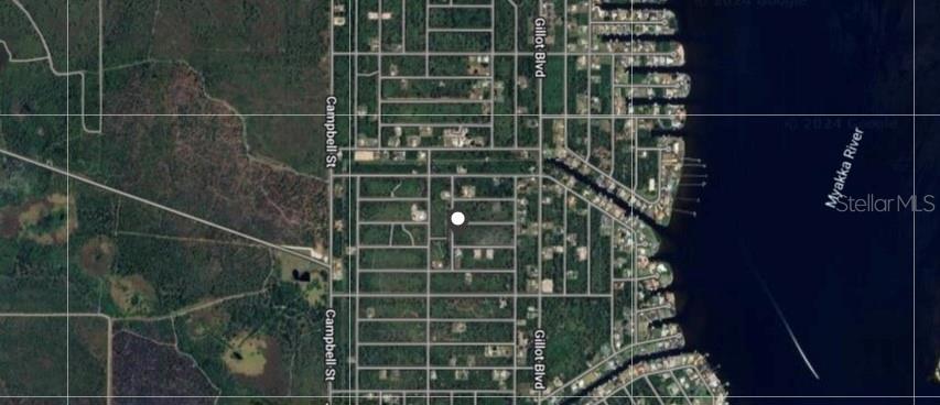 This is an aerial map view showing a residential area near the Myakka River — 12162 GERRITY AVENUE, PORT CHARLOTTE, FL