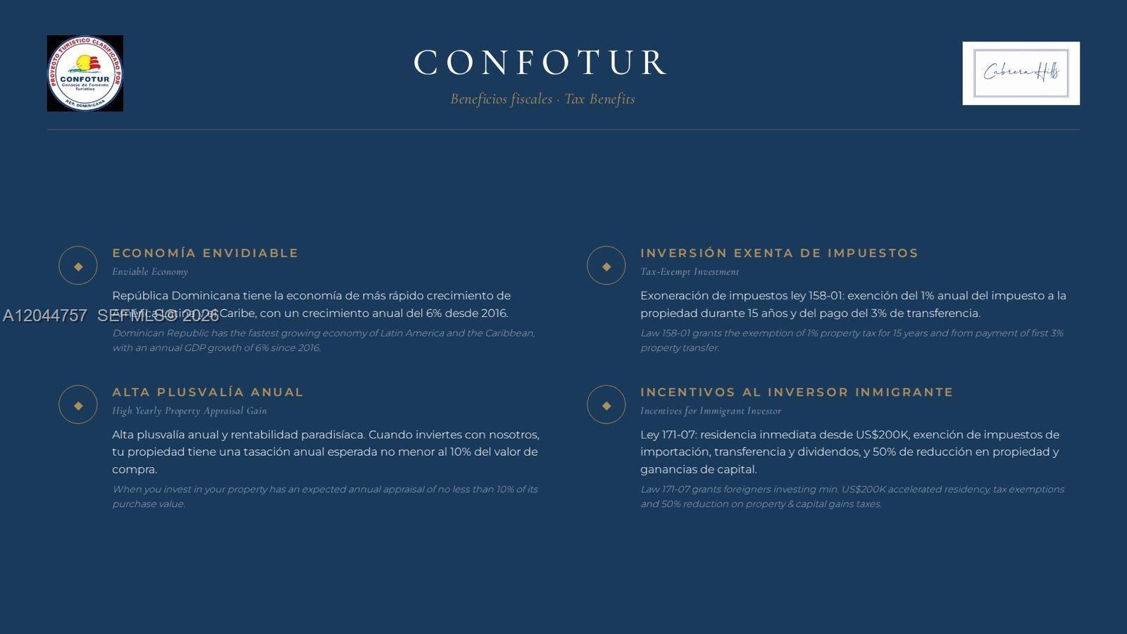 This informational graphic outlines tax benefits and investment incentives for property in the Dominican Republic — 0 Cabrera Hills # 2, FL