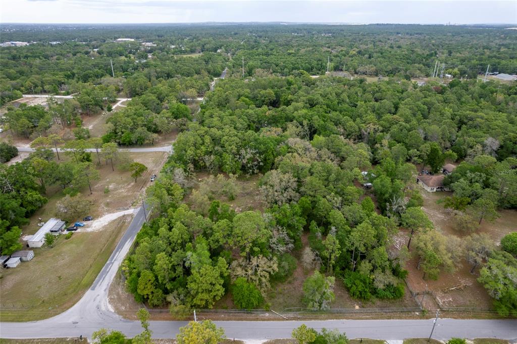 An aerial view shows a wooded lot bordered by a paved road and nearby houses — 16021 FORZANDO AVENUE, BROOKSVILLE, FL