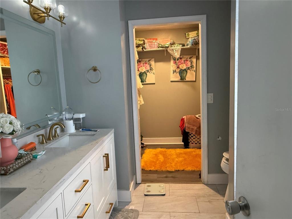 A bathroom vanity with gold hardware sits next to a doorway leading to a walk-in closet — 2665 STALEY COURT, ORLANDO, FL
