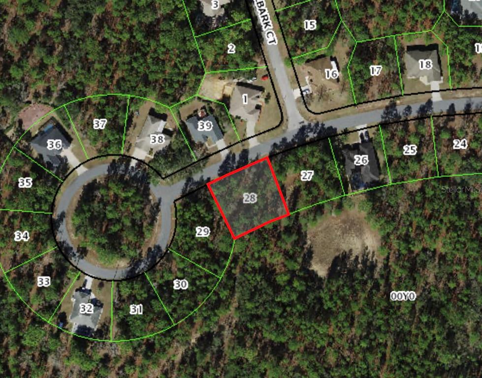 This is a satellite map showing a residential lot highlighted in red within a cul-de-sac — 37 MILBARK DRIVE, HOMOSASSA, FL