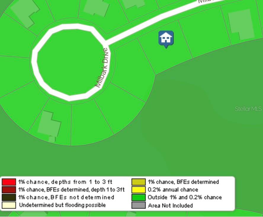 This is a flood hazard map showing a property location in a low-risk zone — 37 MILBARK DRIVE, HOMOSASSA, FL