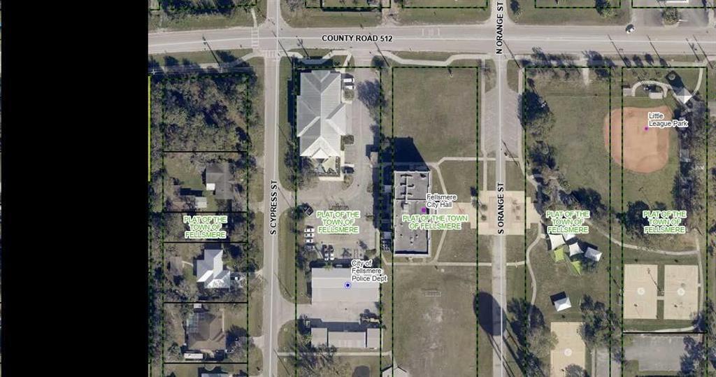 This is an aerial map showing city buildings, streets, and a park in Fellsmere — FELLSMERE, FL