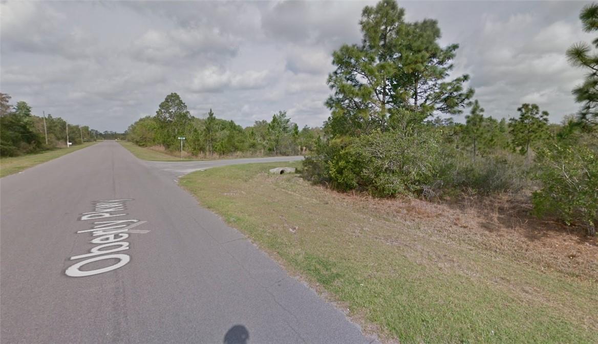 A paved road intersection is surrounded by grassy shoulders and dense woods under a cloudy sky — 12A Oberly Parkway, FL 32833, FL