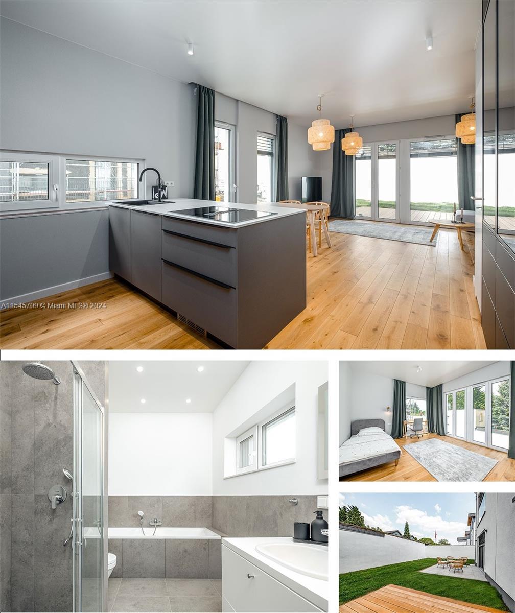 This collage shows a modern kitchen, a bathroom with a tub, a bedroom, and a yard — 294 Wendenschlosstrassse, NY 12557, NY