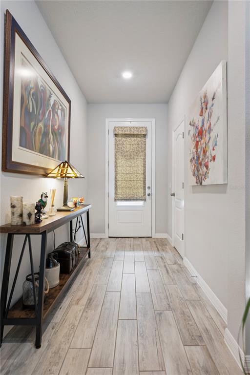 A hallway features wood-look tile flooring, a console table, and wall art leading to a door — 4222 HIBISCUS BLOOM DRIVE, ORLANDO, FL