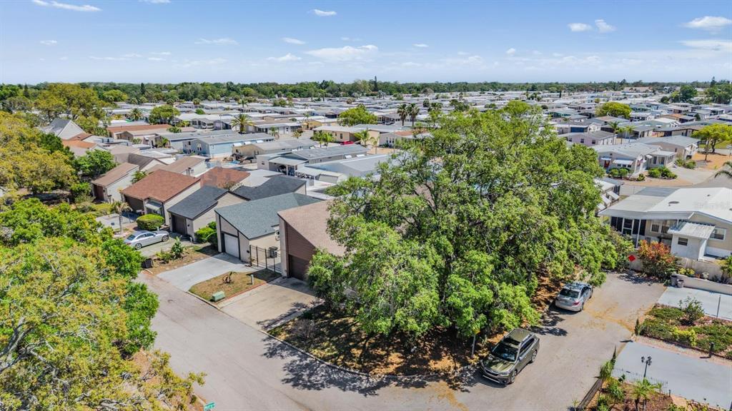 An aerial view shows a residential neighborhood with houses, large trees, and parked cars — 7300 BELLOWS FALLS LANE, HUDSON, FL