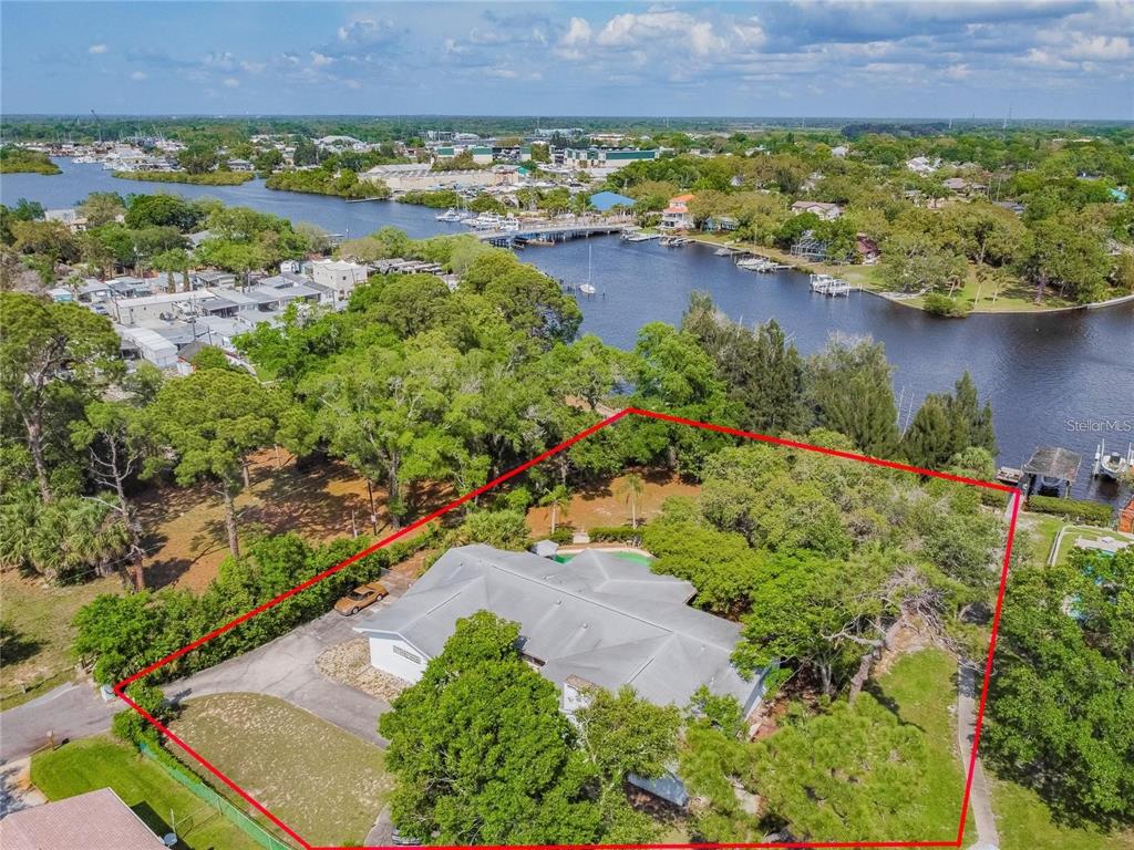 An aerial view shows a single-story house with a pool on a wooded waterfront lot — 425 CRAIG DRIVE, TARPON SPRINGS, FL