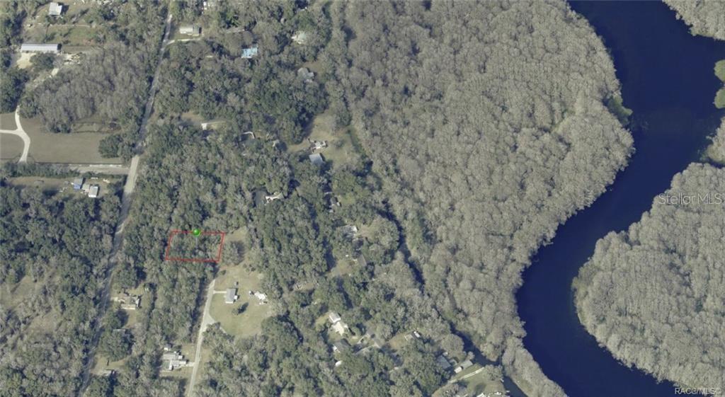 An aerial view shows a rectangular plot of land outlined in red amidst wooded surroundings — 384 N STAFF POINT, INVERNESS, FL