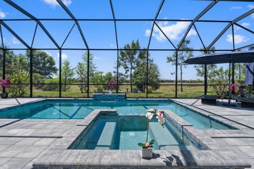 A screened-in pool and spa area with stone pavers overlooking a grassy landscape — 729 TAILWIND PLACE, SARASOTA, FL