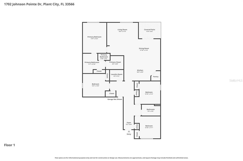 This is a floor plan showing the layout of a single-story residential home — 1702 JOHNSON POINTE DRIVE, PLANT CITY, FL