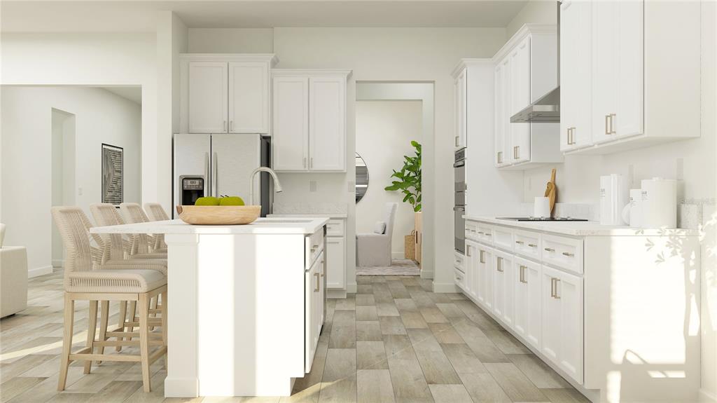 This is a digital rendering of a modern kitchen featuring white cabinetry and a center island — 9315 MINNOW RAY DRIVE, LAND O LAKES, FL